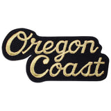 A black and gold Oregon Coast patch designed to be ironed onto fabric.