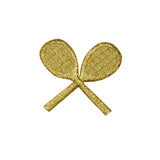 Gold embroidered tennis racket patch on a white background