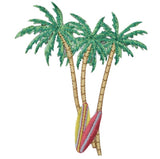 Embroidered tropical design featuring two palm trees with green fronds, tan trunks, and a striped red, pink, yellow, and blue hammock at their bases, isolated on a white background.