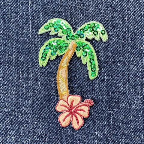 Palm tree patch with sequins on denim fabric