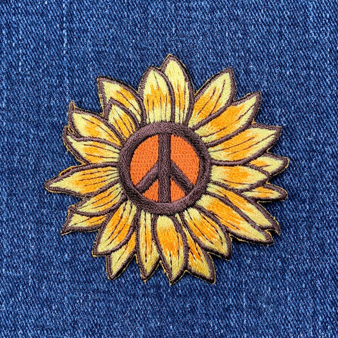 Sunflower Applique Patch - Embroidered Flower & Peace Sign Badge 2.5" (Iron On)