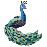 Peacock-shaped patch with colorful feathers on a white background