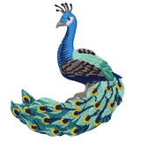 Peacock-shaped patch with colorful feathers on a white background