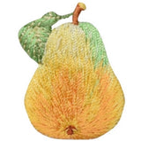 A pear-shaped decorative pillow featuring a textured, embroidered or knit pattern with a gradient of yellow, orange, and green, complete with a small brown stem and green leaf on a plain white background.