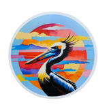 round sticker featuring a pelican with a colorful sky background