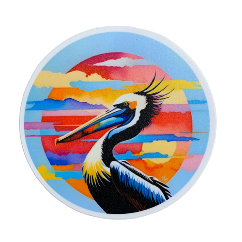 round sticker featuring a pelican with a colorful sky background