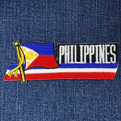 Embroidered patch of the Philippine flag on denim fabric