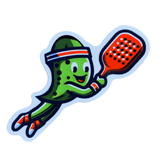 A vinyl decal of a cartoon pickle character playing pickleball with a paddle.