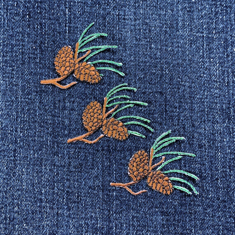 3-Pack Pine Needles & Cones Applique Patch - Embroidered Tree Branch Fall Autumn Badge 2" (Iron On)