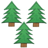 Three green pine tree applique patches with brown trunks, designed to be ironed onto fabric.