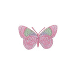 Pink and green butterfly patch on a white background