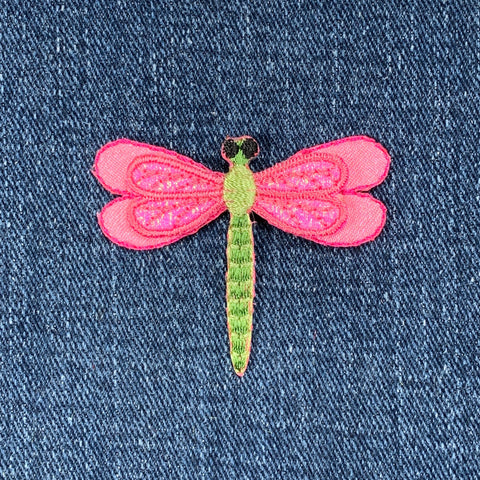 Pink Dragonfly Applique Patch - Shimmery Embroidered Layered Insect Badge 2" (Iron On)