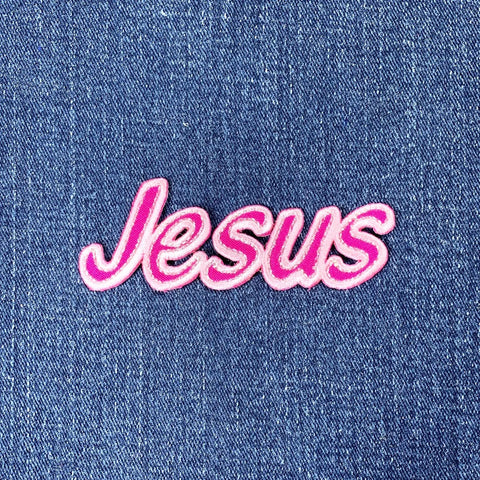 Jesus Applique Patch - Pink Christian Baptism First Communion Embroidered Badge 3.25" (Iron On)