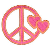 A patch featuring a pink peace sign with orange edges and two orange hearts, designed for iron-on application.