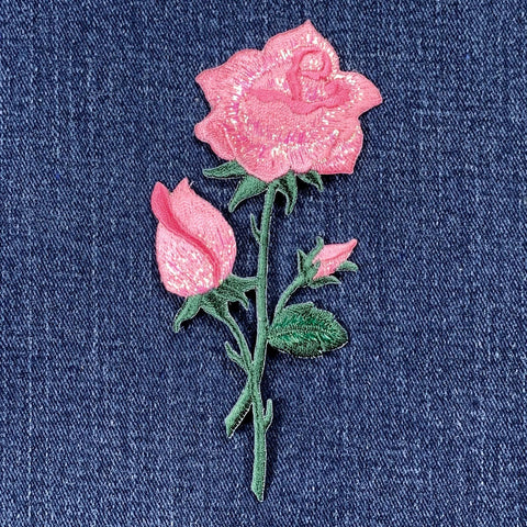 Pink Rose Applique Patch - Embroidered Flower Badge 4.75" (Iron On)