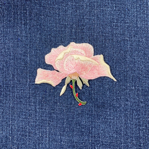 Pink Rose Applique Patch - Embroidered Flower Garden Badge 2-5/8" (Iron On)