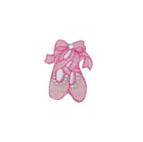 Pink embroidered ballet slipper patch on a white background
