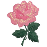 A patch depicting a pink rose with green leaves on a white background, designed for iron-on application.
