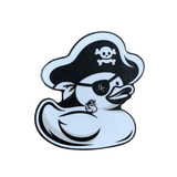 A vinyl decal sticker of a duck wearing a pirate's eyepatch and hat.
