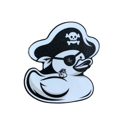 A vinyl decal sticker of a duck wearing a pirate's eyepatch and hat.