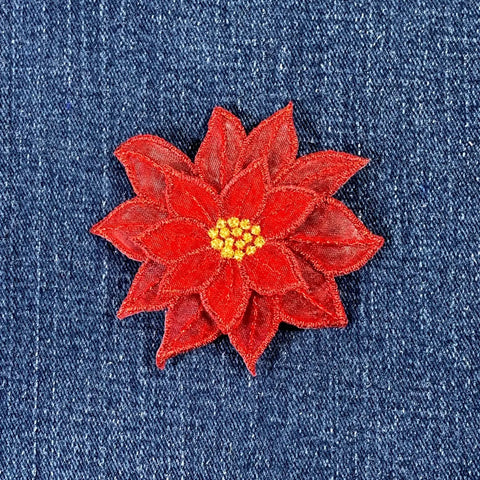 Poinsettia Applique Patch - Embroidered Layered Christmas Flower Badge 2-7/8" (Iron On)