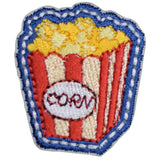 Patch of a popcorn container with 'corn' text on a white background