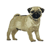 An embroidered patch of a pug dog, shown in profile facing right, with a light tan body and a black face, on a plain white background.