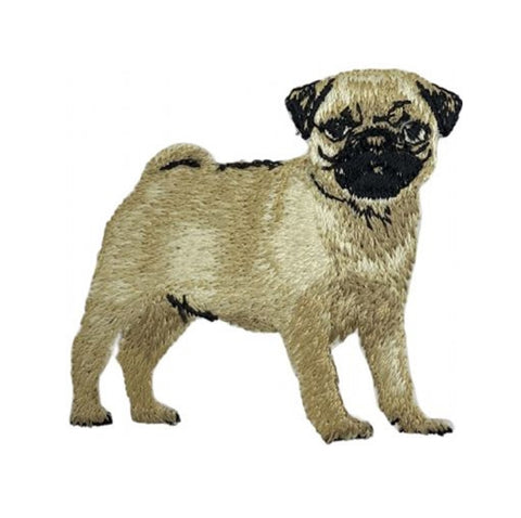 An embroidered patch of a pug dog, shown in profile facing right, with a light tan body and a black face, on a plain white background.