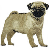 Embroidered patch depicting a pug dog, designed as an applique patch with an iron-on backing.
