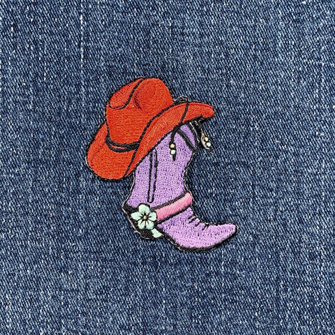 Cowgirl Hat & Boot Applique Patch - Embroidered Western Badge 2.25" (Iron On)
