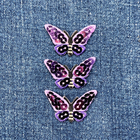 3-Pack Butterfly Applique Patch - Embroidered Sequin Purple Insect Badge 1-3/8" (Iron On)