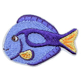 Embroidered patch of a purple fish with yellow tail on a white background