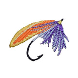 Fishing fly patch with orange, purple, and yellow colors on a white background