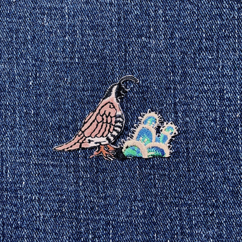 Quail & Cactus Applique Patch - Embroidered Desert Bird Badge 1-7/8" (Iron On)