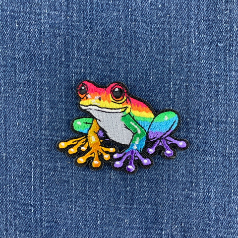 A colorful embroidered frog patch with a rainbow gradient and black stitched outline, placed on a blue denim fabric background.