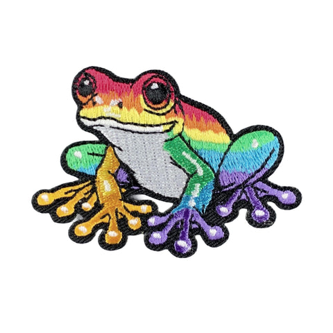 A colorful embroidered frog patch with a rainbow color scheme, black stitched border, and white background.