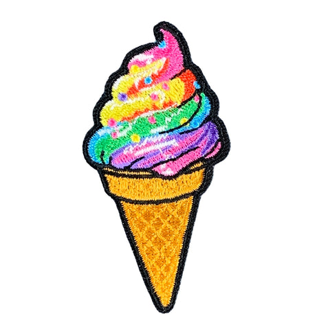 a rainbow colored ice cream embroidered patch displayed on a white background