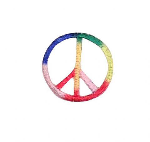 Peace symbol patch with a rainbow gradient on a white background