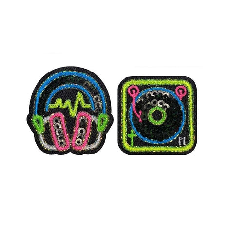 embroidered and sequined turntable and headphones patches on a white background