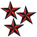 Three red and black nautical star applique patches, designed for ironing onto fabric.