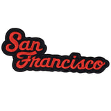 A red and black embroidered patch with the words 'SAN FRANCISCO' in bold letters.