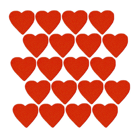 20 red heart patches measuring 1 inch tall by 1 inch wide, displayed on a white background