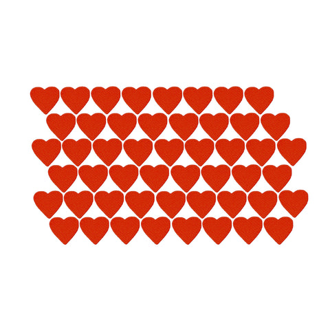 A grid of small red heart patches arranged in rows on a plain white background.