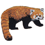 An embroidered appliqué patch shaped like a red panda. The animal has reddish-brown and black fur with a thick, striped tail, and white markings around its eyes and snout.