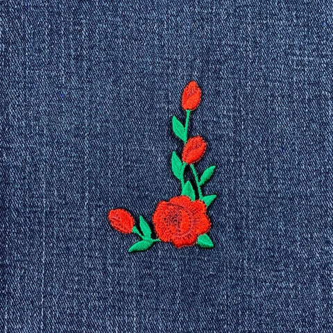 Rose Stem Applique Patch - Embroidered Flower Badge Facing Left 2-3/8" (Iron On)