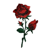 An embroidered patch depicting a red rose with a second bud and green leaves on a stem, isolated on a white background.