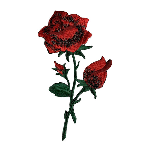 An embroidered patch depicting a red rose with a second bud and green leaves on a stem, isolated on a white background.