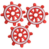 Three identical embroidered patches of a ship's wheel, colored bright red with a white outline around the rim.