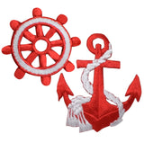 Two embroidered nautical patches: a red ship's wheel outlined in white, and a red anchor wrapped with white rope.
