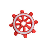 Red and white ship's wheel patch on a white background